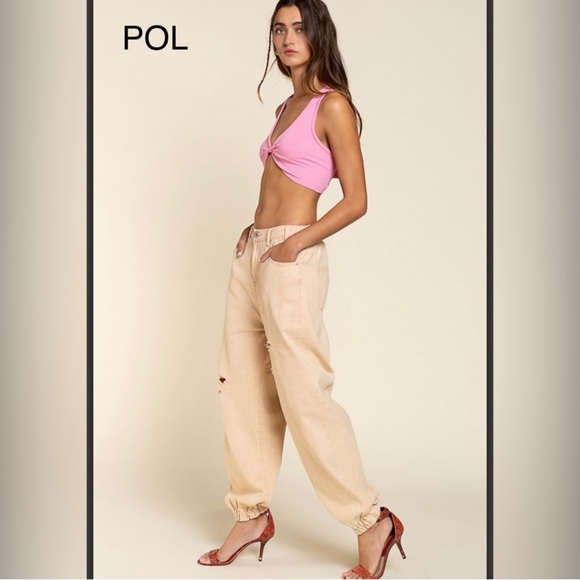 🌿POL Tan Distressed Denim Jogger Pants - Picture 6 of 6